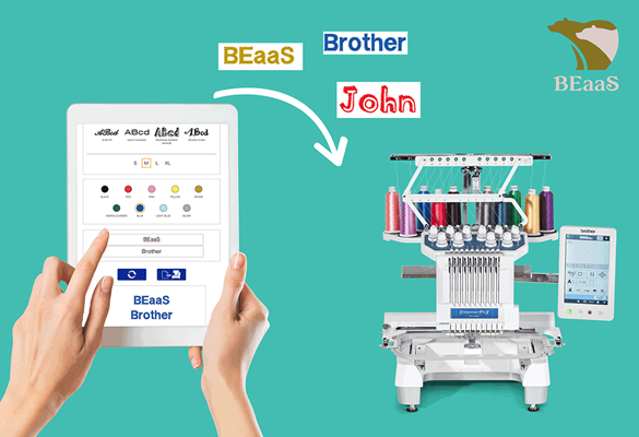 Une tablette affichant l'application BEaaS Name Designer, avec un doigt touchant l'écran pour personnaliser les polices de caractères et les couleurs du texte.